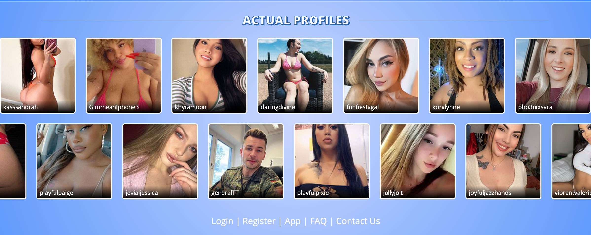 Screen shot of Instabang's home page showing actual profile photos in boxes on the page